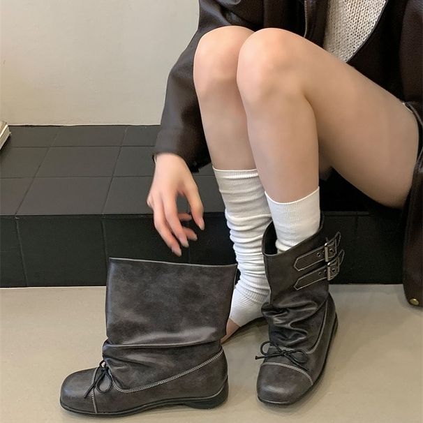 Dark Girl~Vintage Distressed Western Boots, New Autumn/Winter Short For Women, Wide Shaft Pleated Stack Boots_vogvips.com