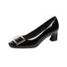 Wide High-heeled With Chunky Mid-heel, Patent Leather Square Buckle, Elegant Shallow Cut, Solid Color, Suitable For Wide_vogvips.com