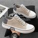 Men’s Beige Low-Top Canvas Sneakers, Lace-Up, White Thick Sole, Casual Street Walking Shoes_vogvips.com