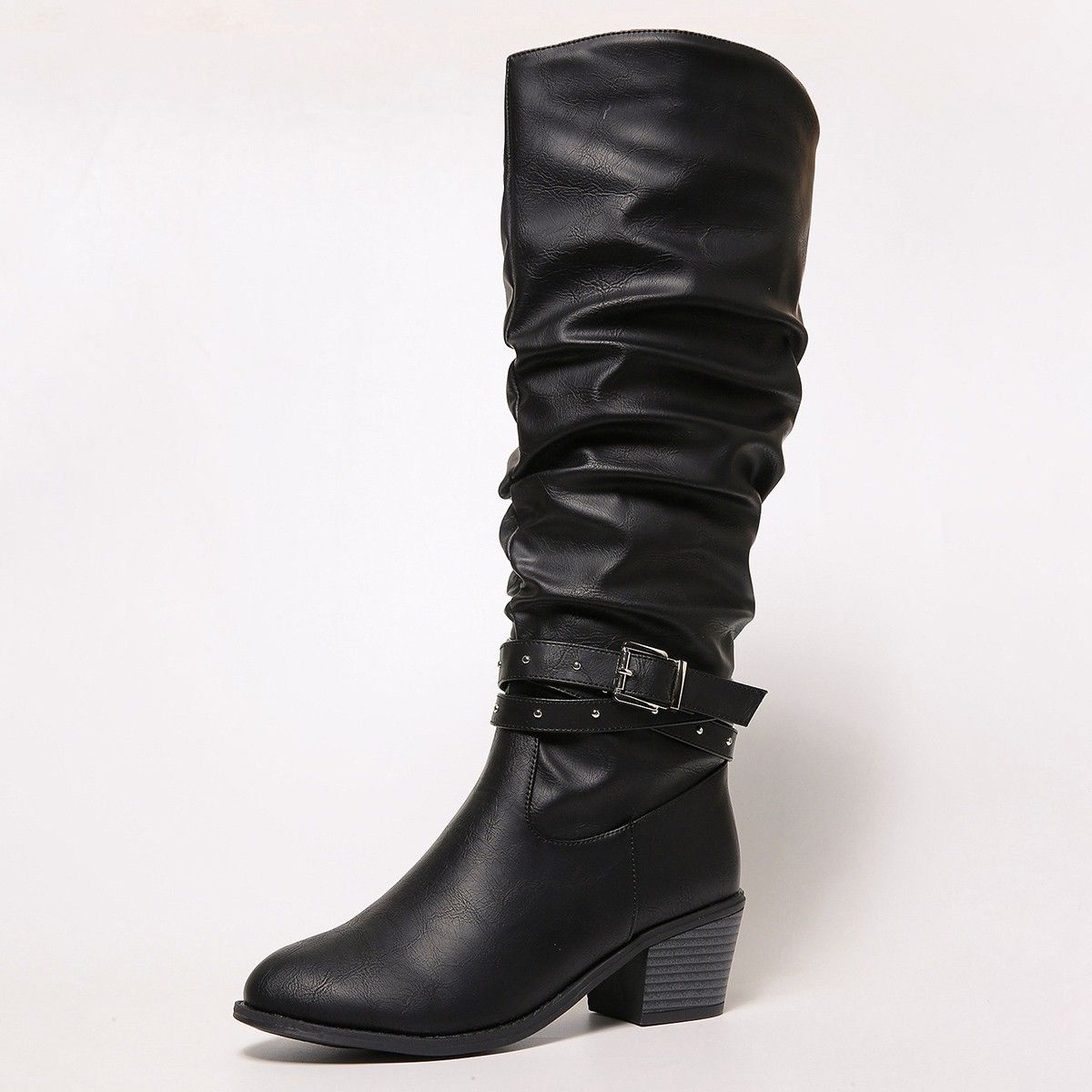 Western Cowboy Boots Knee High Leather Look Chunky Heel Buckle Detail Riding Boots Chunky Heel Platform Sole High Top Riding Boots Single Boots_vogvips.com