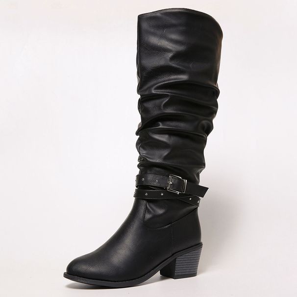 Western Cowboy Boots Knee High Leather Look Chunky Heel Buckle Detail Riding Boots Chunky Heel Platform Sole High Top Riding Boots Single Boots_vogvips.com
