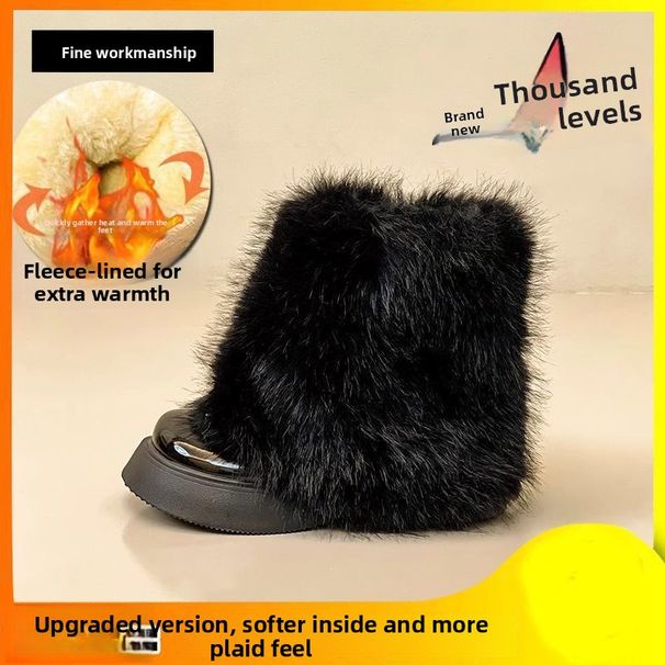 Women's Short Sheepskin Integrated Cotton Shoes Round Toe Style Furry Elegant Snow Boots Fleece Lined Thick Sole Autumn_vogvips.com