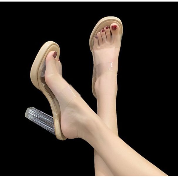 High For Women 2023 Summer New Style One Strap PVC Outdoor Fashion Crystal Heel Slippers Ladies_vogvips.com