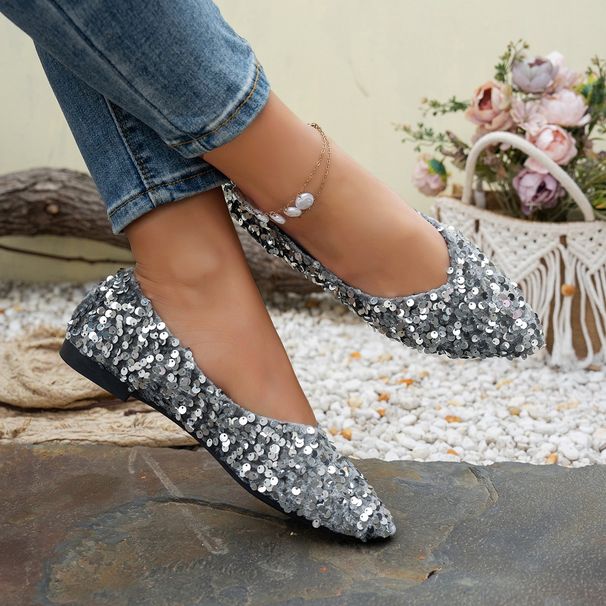 Women's European American Style Sequined Fashion Single Shoes Pointed Toe Low Cut Flat Casual plus Size Bright Colors_vogvips.com