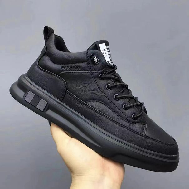 ShoeVault 2024 New Spring Mid-Top Versatile Black Leather Shoes Ins Trendy Men's Casual Sneakers_vogvips.com