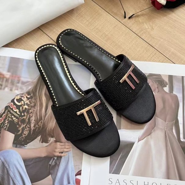 2024 Summer New Flat Rhinestone One-Word Sandals Letter Non-Slip Casual Outdoor Classic Beach Slippers For Women_vogvips.com