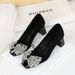 5297-H72 Korean Version Banquet Socialite Women's Square Toe, Mid Heel, Shallow Mouth, Rhinestone Bow, Suede, Coarse_vogvips.com