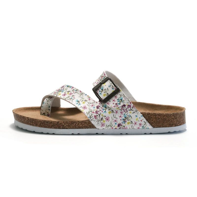 RUIZUSTOCK Floral Print Thong Sandals Adjustable Buckle Cork Footbed Slides Summer New Designer Slippers Trendy Fashion_vogvips.com