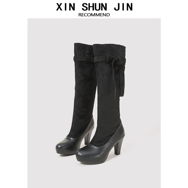 High Heeled Women's Boots Style Round Toe Leather Slip-On Solid Color Versatile For Commuting_vogvips.com