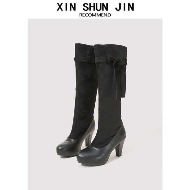 High Heeled Women's Boots Style Round Toe Leather Slip-On Solid Color Versatile For Commuting_vogvips.com