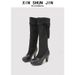 High Heeled Women's Boots Style Round Toe Leather Slip-On Solid Color Versatile For Commuting_vogvips.com
