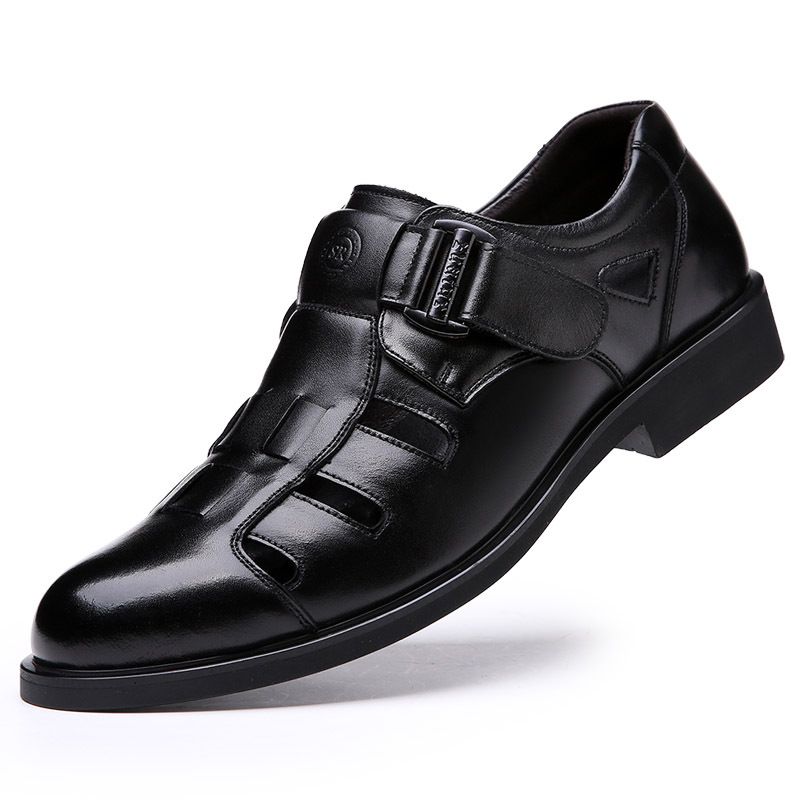 Leather Summer Breathable Hollow Sandals, Genuine Leather Men's Business And Leisure Perforated Shoes, Velcro For_vogvips.com