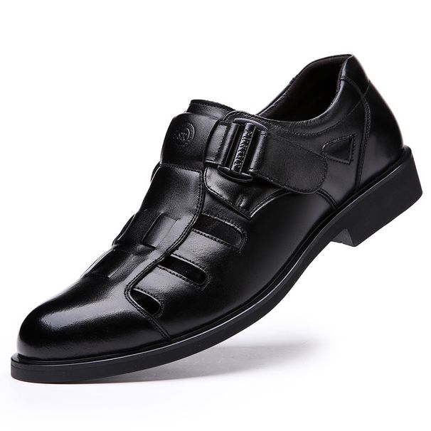 Leather Summer Breathable Hollow Sandals, Genuine Leather Men's Business And Leisure Perforated Shoes, Velcro For_vogvips.com