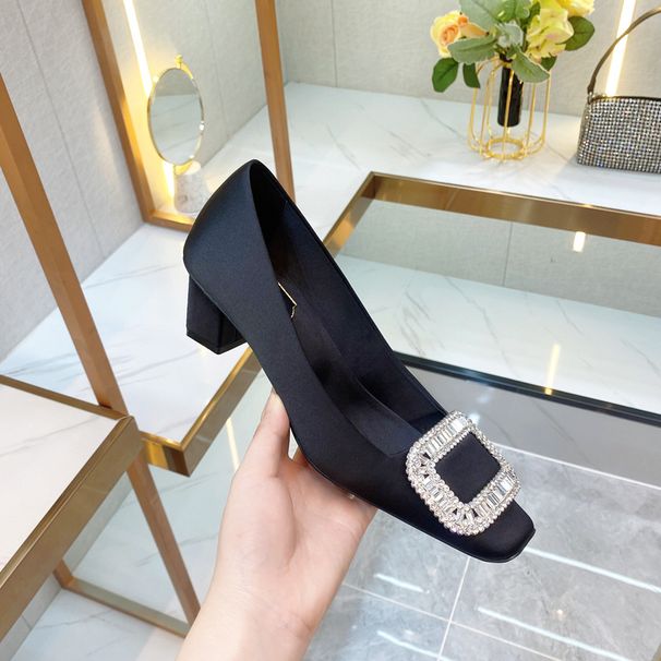 Factory Direct Sale RV Satin Chunky Heel Women's Shoes, Square Toe, Rhinestone, Versatile Low-Cut, Low-Heel, Medium-Heel_vogvips.com