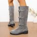 Women's Chunky Heel Wide Calf Knee High Boots With Buckle Detail & Stacked Wrinkles - Soft Suede & Genuine Leather - Round Toe Mid Heel Boots_vogvips.com