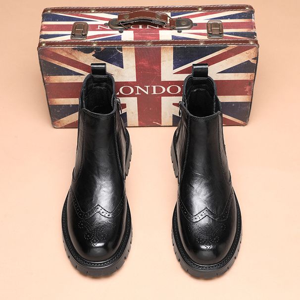 2026 Style Men's High-End British Chimney Carved Pointed Toe Short Casual Black High-Top Martin Leather Boots_vogvips.com
