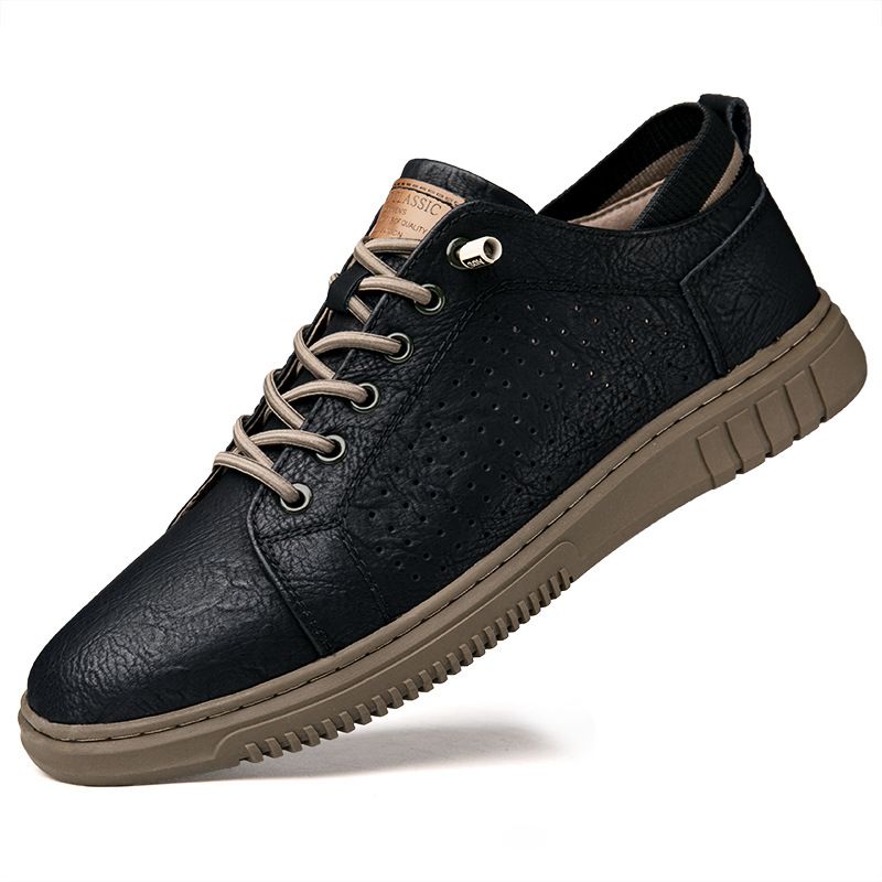 Round Head Casual Shoes Men's Shoes Cowhide Board Shoes British Cowhide Leather Shoes Men's Shoes Low-top British Driving Shoes_vogvips.com