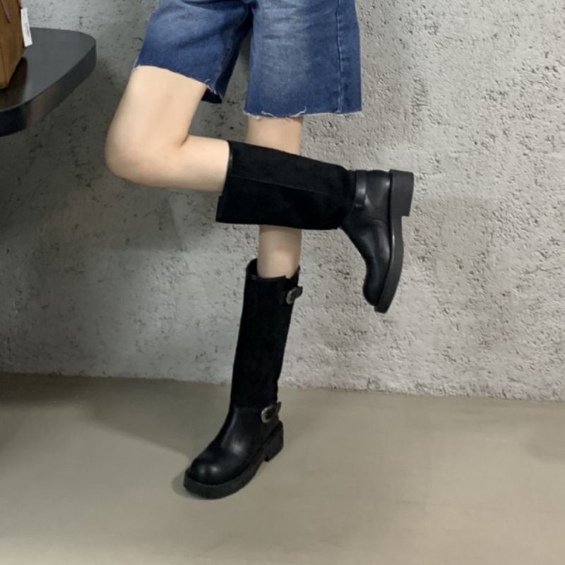 Round-Toe Thick-Soled Suede Patchwork For Women, 2026 Autumn And Winter New Vintage Belt Buckle Long Boots, Chunky Heel_vogvips.com