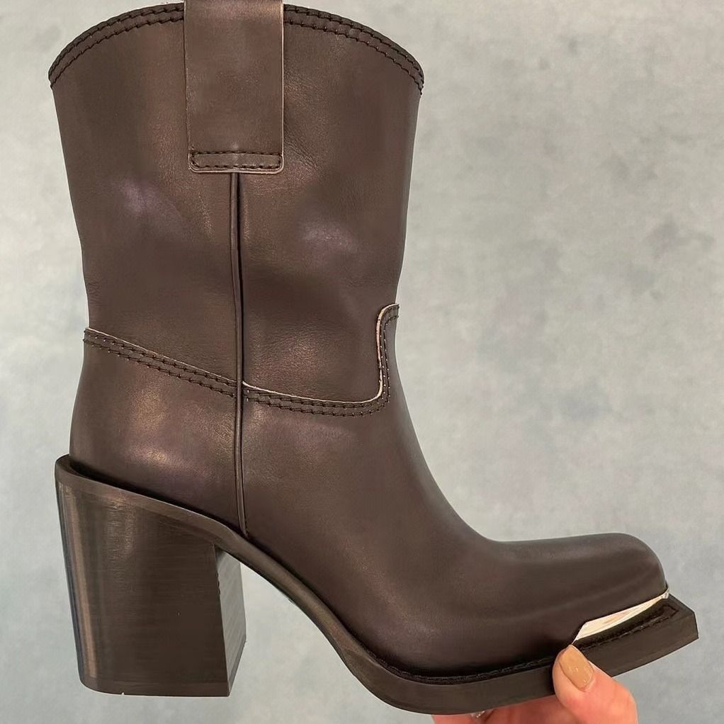 26ss New Miu Style High-End Square-Toed Ankle For Women Summer Thick Heel Genuine Leather Black Women's 's_vogvips.com