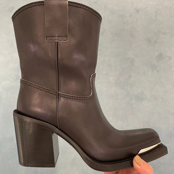 26ss New Miu Style High-End Square-Toed Ankle For Women Summer Thick Heel Genuine Leather Black Women's 's_vogvips.com