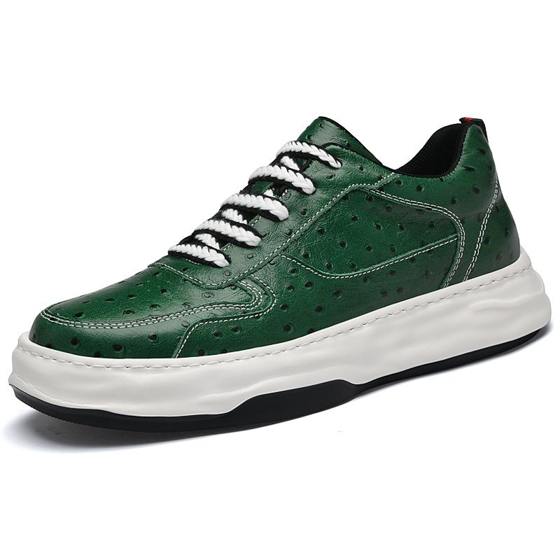 Men's Leather Green Board Shoes Thick Sole Hand-sewn Small White Shoes Cowhide Soft Sole Breathable Casual Shoes_vogvips.com