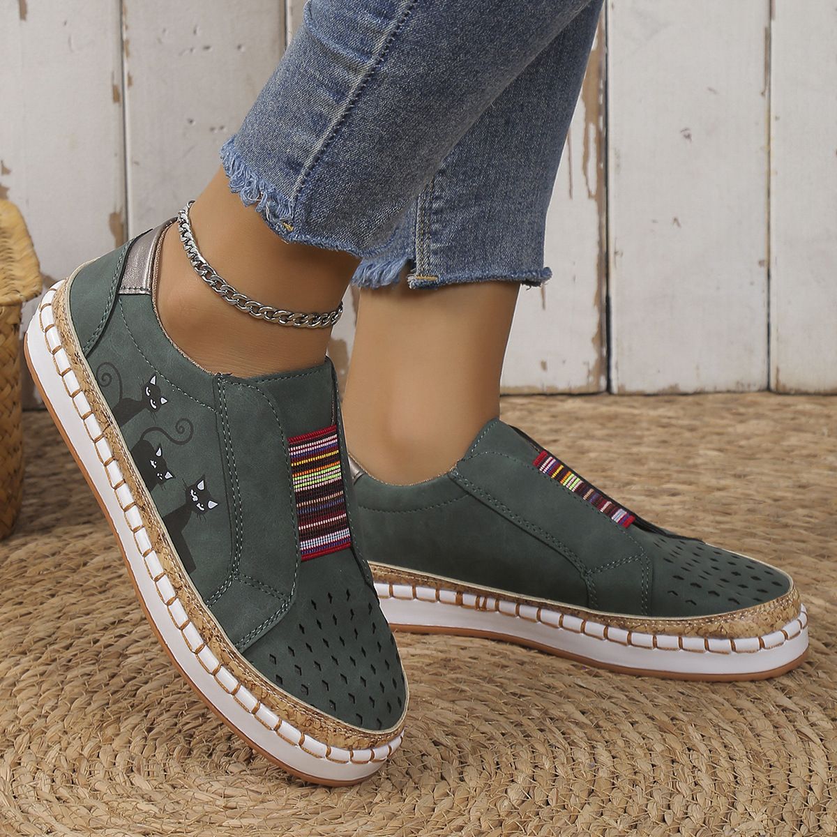 Women’s Shoes Large Size Casual Flat Shoes Couple Men And Women Elastic Slip On Loafers Halloween Black Cat Single Shoes_vogvips.com