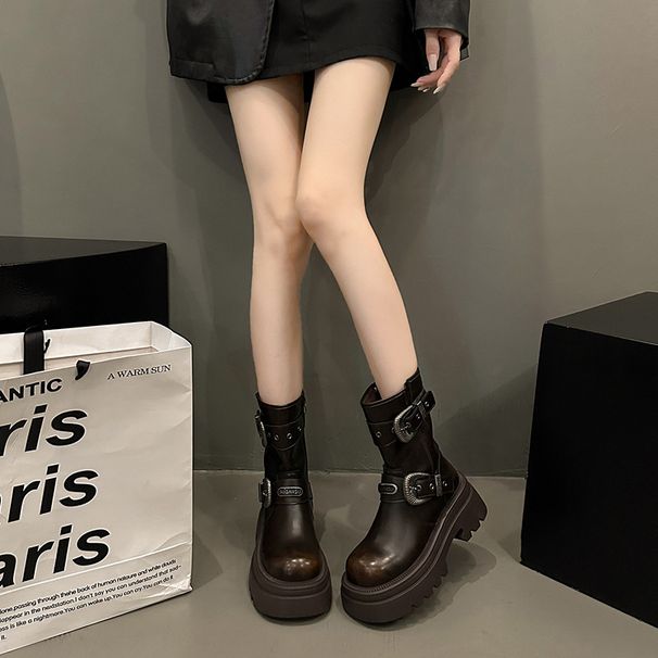 Zhao Zhaoyi Same Martin For Women, Autumn And Winter Fleece-Lined Western With Belt Buckle, British Style Mid-Calf_vogvips.com