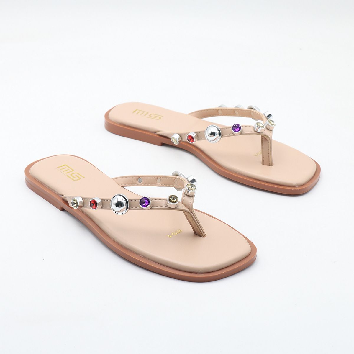 MS Women's Square Toe Flat Sandals With Rhinestones – Comfortable Wide Fit Flip Flops For Beach, Casual & Summer Wear (Black, White, Beige)_vogvips.com