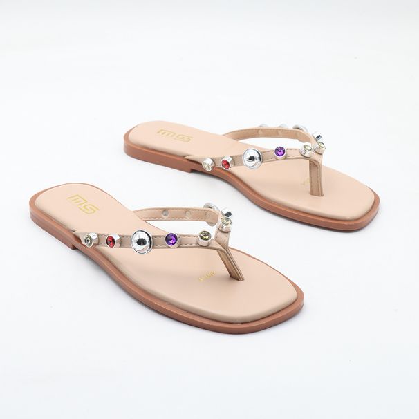MS Women's Square Toe Flat Sandals With Rhinestones – Comfortable Wide Fit Flip Flops For Beach, Casual & Summer Wear (Black, White, Beige)_vogvips.com