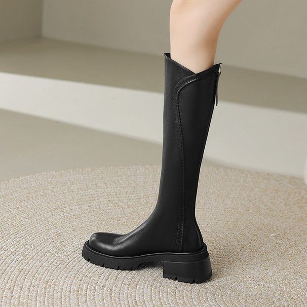 Women's Chunky Heel Knee High Boots Platform Retro Riding Boots With Back Zipper And Faux Fur Lining Fleece Lined, Retro Back Zipper Riding Boots._vogvips.com