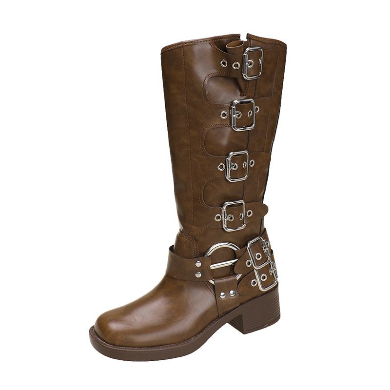 Women's Cowboy Boots With Round Toe And Belt Buckle Detail, Chunky Heel Mid Calf Boots For Fall Winter, Retro Style Leather Look Boots In Brown_vogvips.com