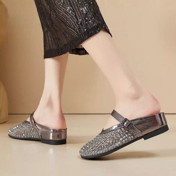 Rhinestone Mesh Closed-Toe Mules For Women 2026 Spring/Summer New Korean Style Versatile Flat Slip-On Lazy Sandals_vogvips.com