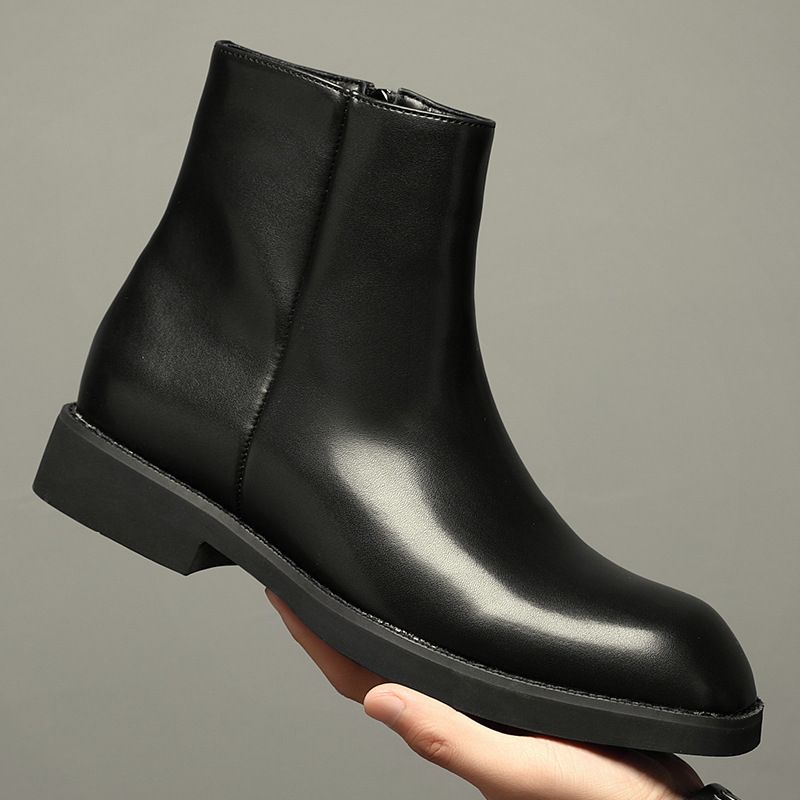 Leather Zipper Boots Men's High Top Square Martin Boots Men's Shoes Chelsea Boots Flat Bottom_vogvips.com