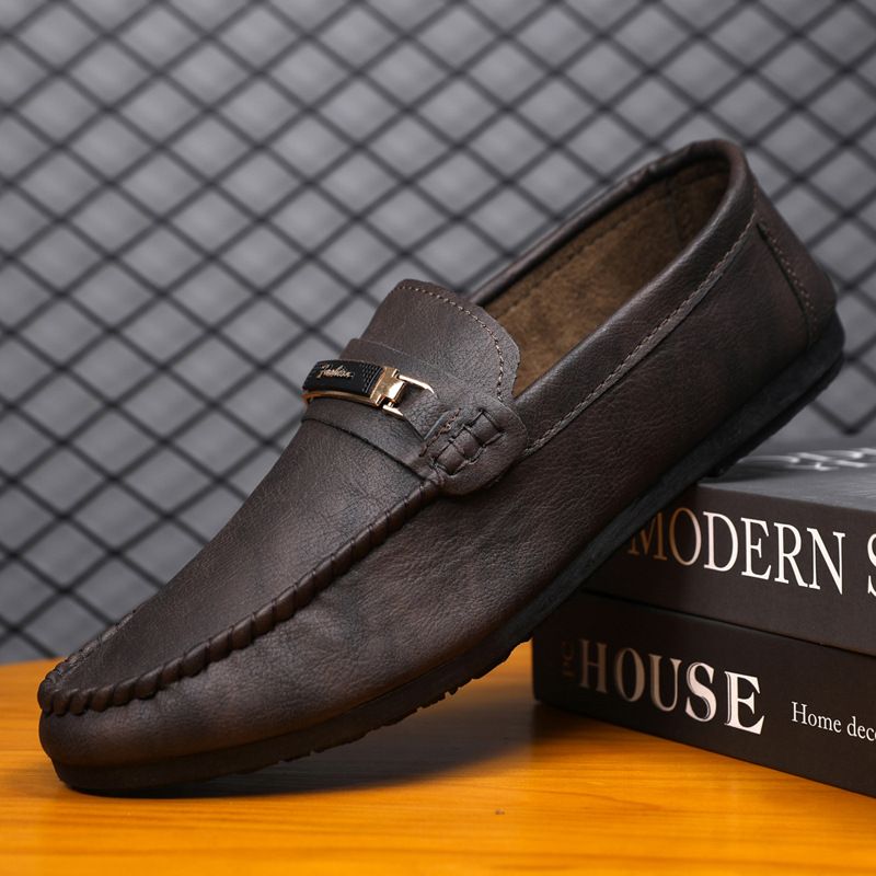 Waterproof Leather Casual One Foot Loafers, Handcrafted Business Low Cut Black British Men's Shoes, Flat Bottomed Thick_vogvips.com