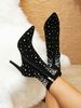Elegant Pointed Toe Stiletto Boots For Women - Stretch Suede Mid-Calf Boots With Rhinestone Detail - Black High Heel Fashion Boots_vogvips.com