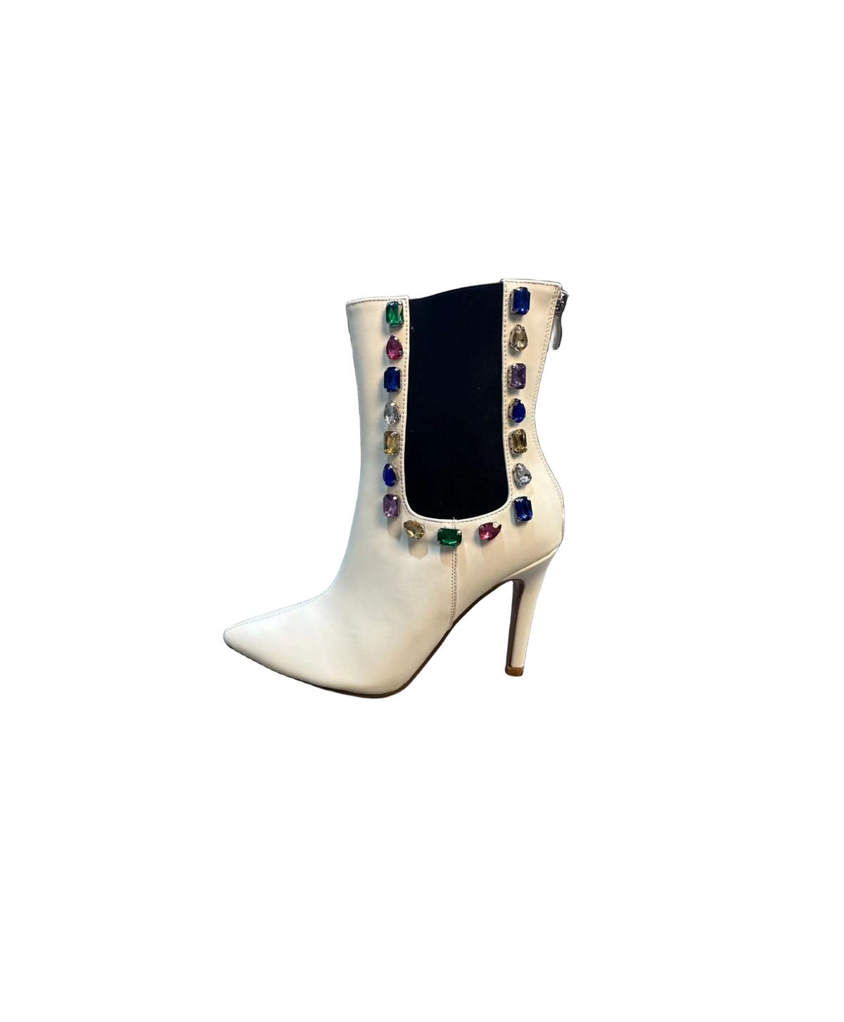 Elegant White Crystal-Embellished Peep-Toe Cutout Stiletto Boots - Pointed Toe, High Heel, Fashionable Mid-Calf Boots_vogvips.com