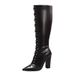 Women's Lace-Up Burgundy Knee-High Sexy Pointed Toe Back Zipper Chunky Heel Long Boots European And American Style_vogvips.com