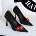 3767-H85 Stunning Rose Decorated French High Heels Women's Shoes, Stiletto Heel, Pointed Toe, Shallow Slip-On Single_vogvips.com