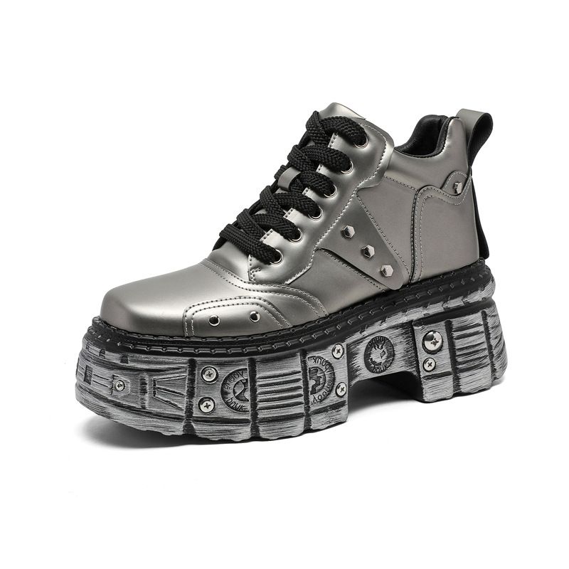Heavy Metal Dark Rock Locomotive Boots Old Rivets Heightened Thick-soled Boots Thick-soled Heightened Cyberpunk Short Boots_vogvips.com
