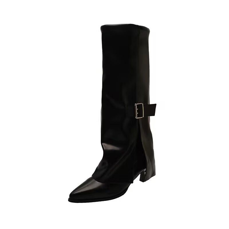 plus Size Women's Fashion Boots Autumn Export Leather Pointed Toe Stiletto Heel High Trouser Leg Buckle Shoes_vogvips.com