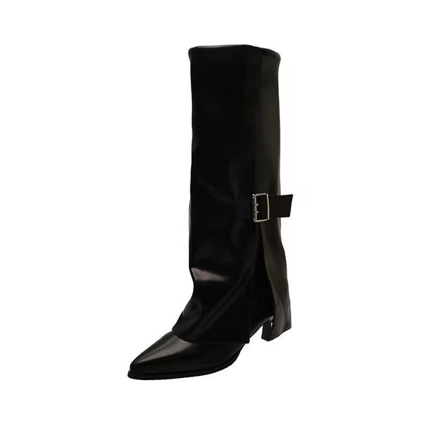 plus Size Women's Fashion Boots Autumn Export Leather Pointed Toe Stiletto Heel High Trouser Leg Buckle Shoes_vogvips.com