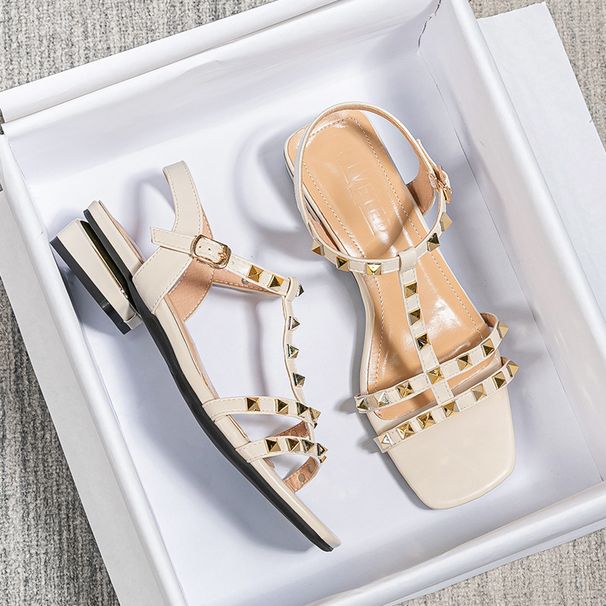 Warren Summer New Fashion Super Mid-heel Rivets Word Low-heeled Sandals Women's Large Size Shoes 41-43 Foreign Trade Sources_vogvips.com