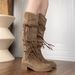 Cowhide Version~ Wasteland Style Tassel Knight Thick Heel Over-the-Knee Long Slimming Mid-Calf Boots For Women_vogvips.com