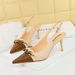 Women's shoes with thin heels, high heels, light mouth, color matching pointed metal chain decoration with hollow back strap single shoes_vogvips.com