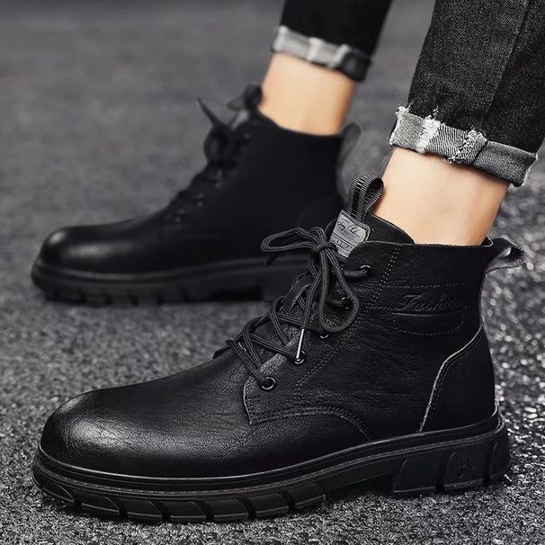 Waterproof Dirt-Resistant Soft Sole Martin Men Autumn 2024 New High-Top Men's British Casual Black Leather Shoes Work_vogvips.com