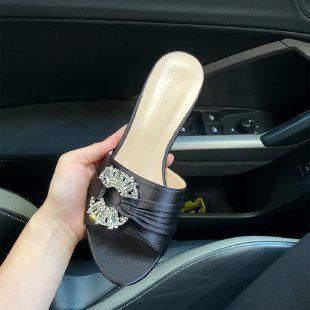 Cross Border New Casual Rhinestone Slippers Women Suitable For Wearing Outside With Medium And Thick Heel Slip On Style_vogvips.com