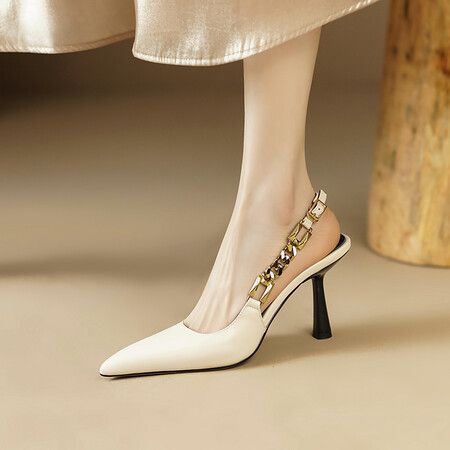 Pure Inside And Out! Elegant Pointed-toe High-heeled Sandals For Women, Summer Stiletto Leather Chain Closed-toe Shoes_vogvips.com