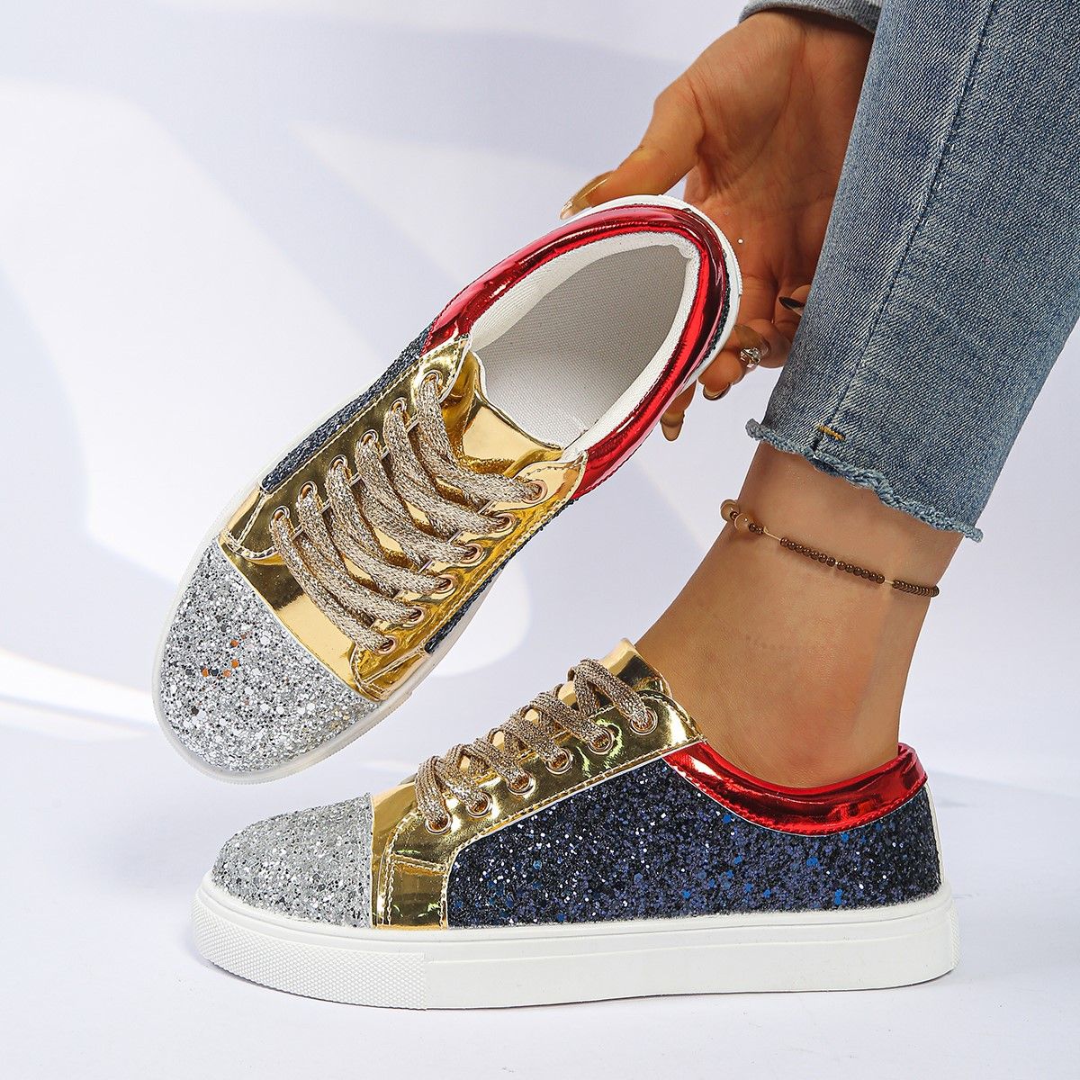Trendy Low-Top Casual Sneakers With Metallic Patchwork Design For Men And Women Lightweight Comfortable Everyday Shoes_vogvips.com
