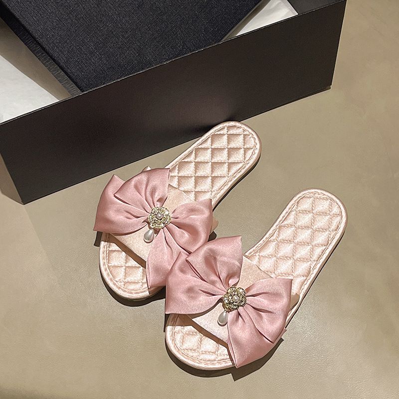 French Sweet Bow Satin Bridal Sandals Spring Summer Bridesmaids Non-Slip Household Slippers For Morning Robes Wear_vogvips.com