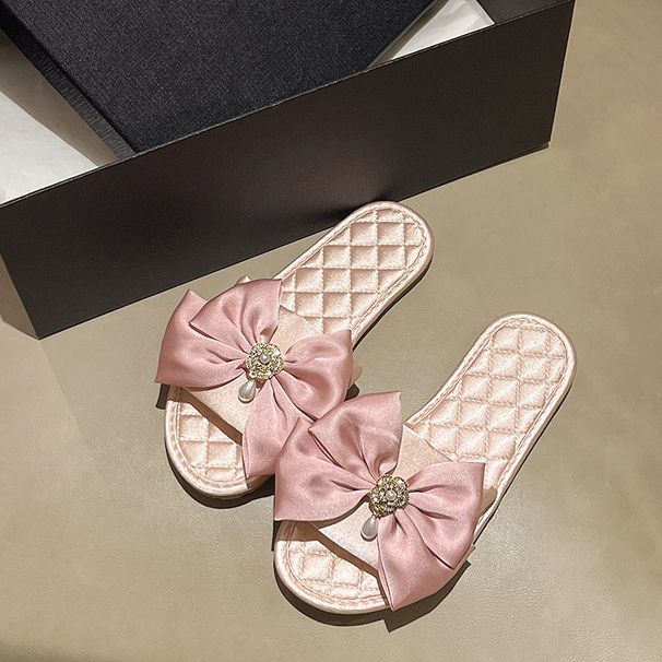 French Sweet Bow Satin Bridal Sandals Spring Summer Bridesmaids Non-Slip Household Slippers For Morning Robes Wear_vogvips.com